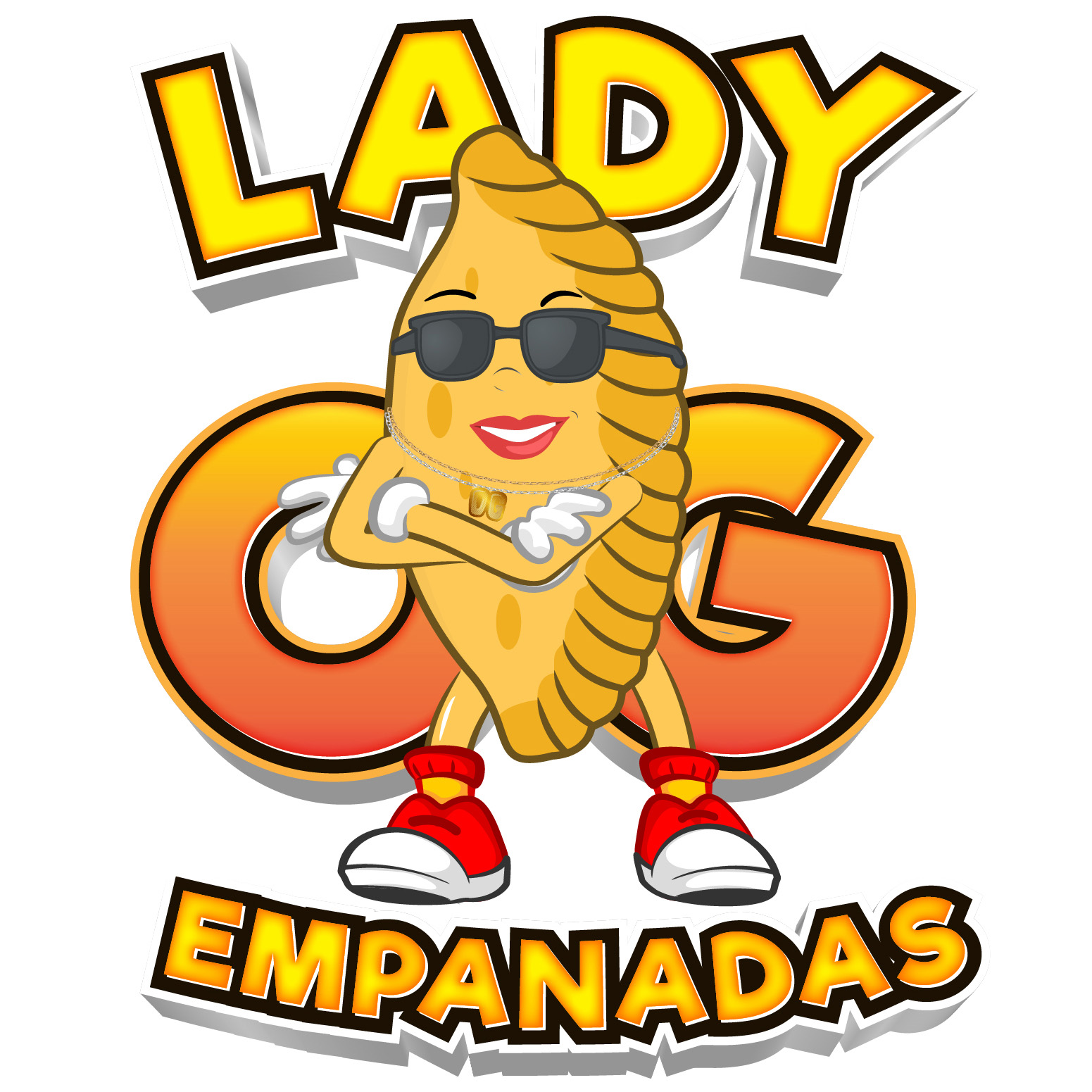 Lady OG Empanadas mascot wearing sunglasses and red sneakers